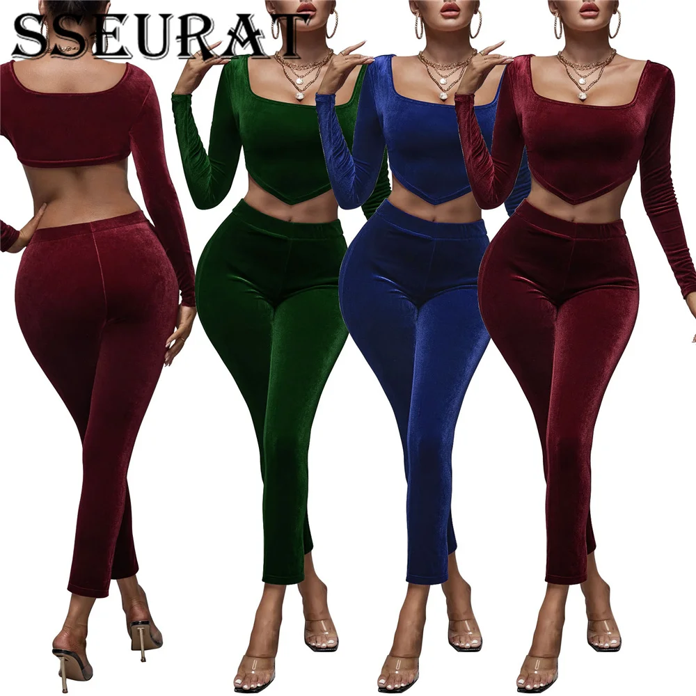 

SSEURAT Velvet Two Piece Set Sexy Crop Top Pencil Pants Outfits Night Clubwear Matching Sets