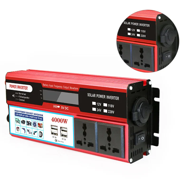 

Inverter 12V 220V Dc To Ac Pure Sine Wave Voltage Converter Power 1000W/4000W Car Micro Inverter Portable USB LCD 4 Ports