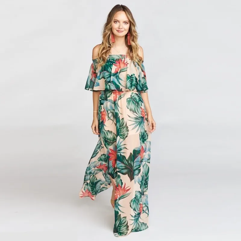 Summer Floral Strapless Maxi Holiday Casual Split Print Long Beach Dress Sexy Sleeveless Chiffon Ruffle Fashion