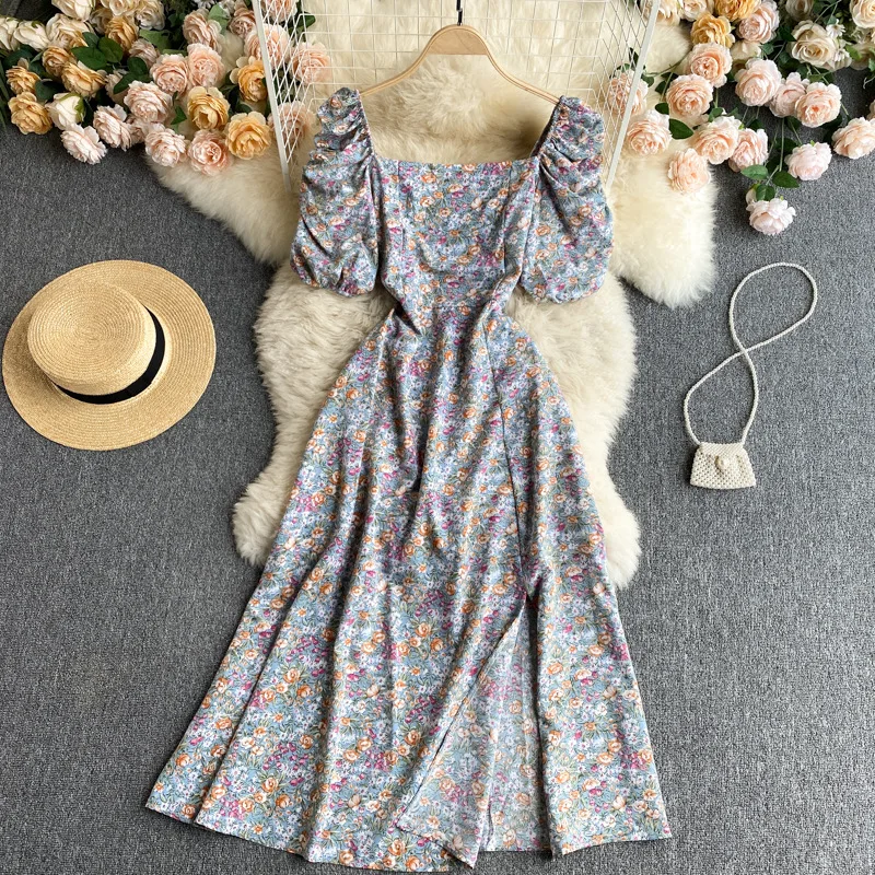 

Spring Summer Casual Fashion Print Ladies 2021 New Chic Dress Square Collar Short Sleeve High Waist Women's Dress