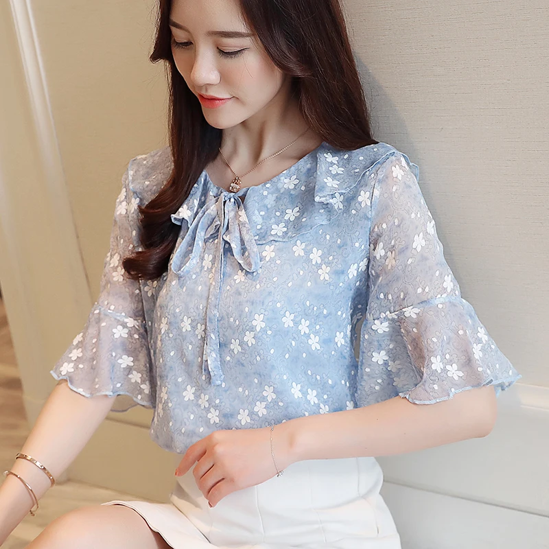 Повседневная Блузка с оборками и круглым вырезом топы Новинка 2019 модная женская