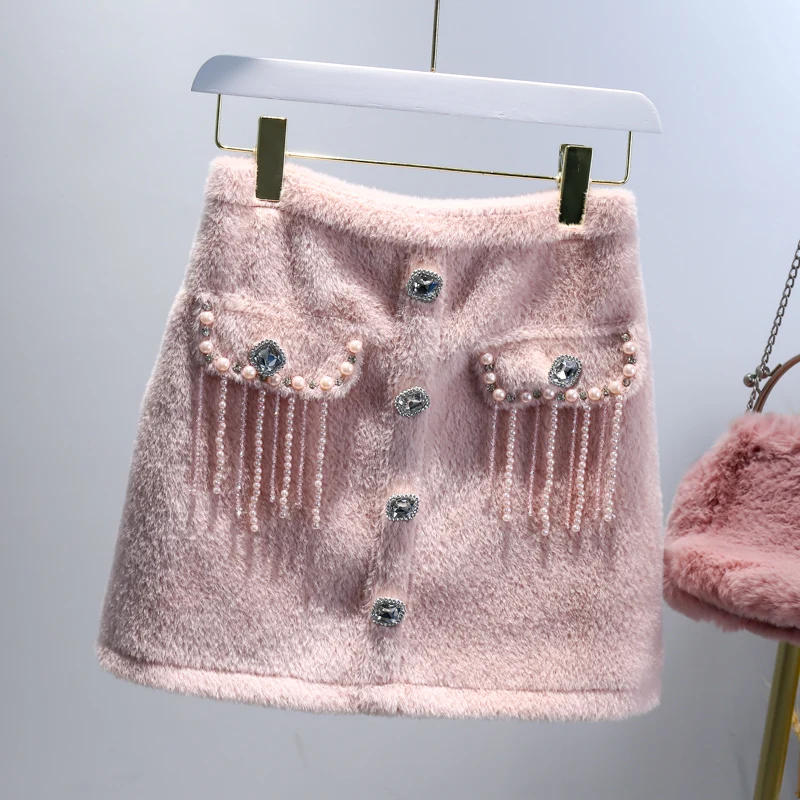 

to show thin air fragrance nail bead package hip skirt of mink velvet A word skirt in winter 2020 new female