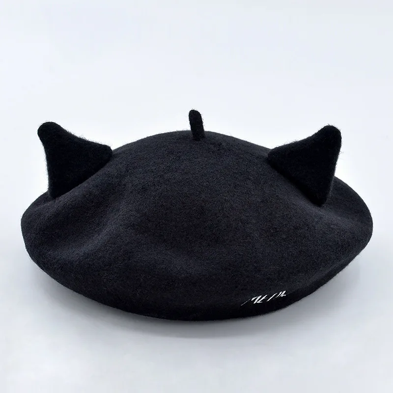 

YSYX Letter Embroidery Cat Ears Woolen Beret Women's Painter Autumn Winter Wool Beret New Outdoor Travel Photo Necessary OS:02