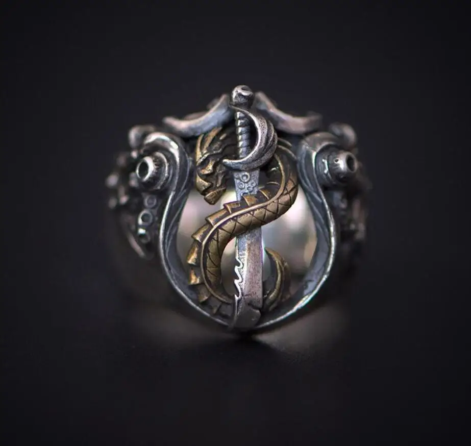 

Retro Ethnic Punk Mythology Wind Evil God Dragon Sword Ring Personality Men's Domineering Rock Party Jewelry Accessories