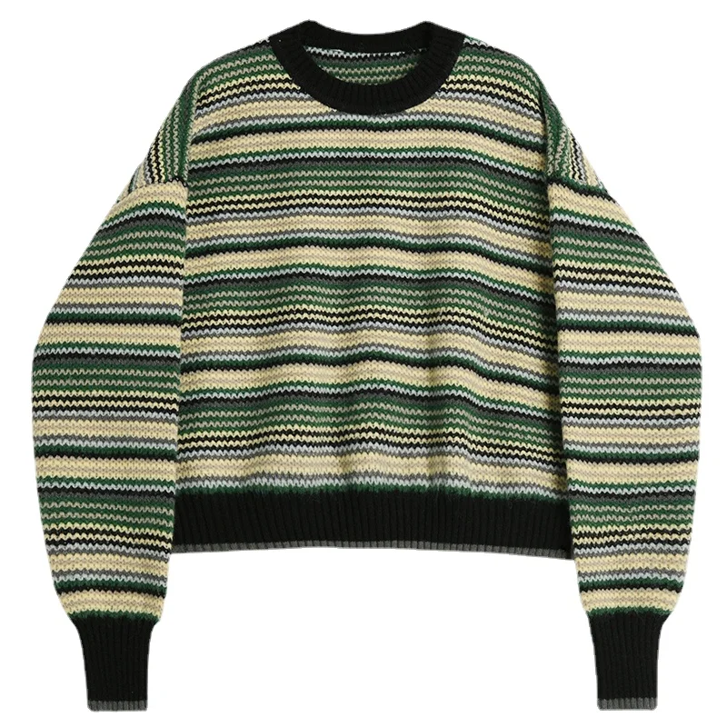

Женский вязаный пуловер в зеленую полоску, свитер с круглым вырезом и длинным рукавом, большие размеры, Осень-зима 2021