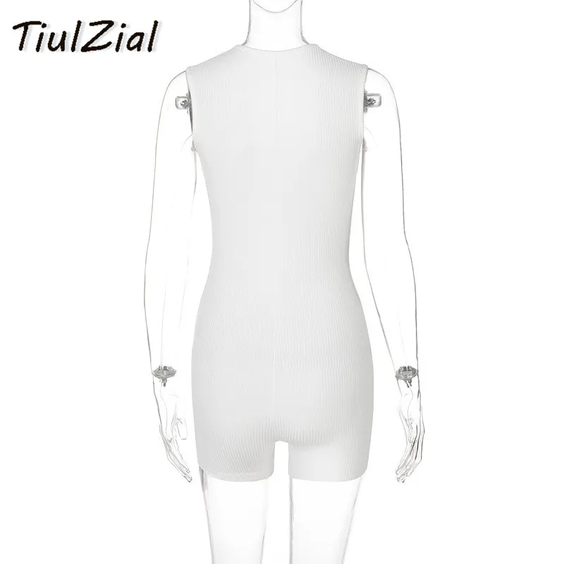 

TiulZial Ribbed Knitted Playsuit Romper White Sleeveless Deep V Sport Overall Short Jumpsuit Women Home Outfit Black Rompers