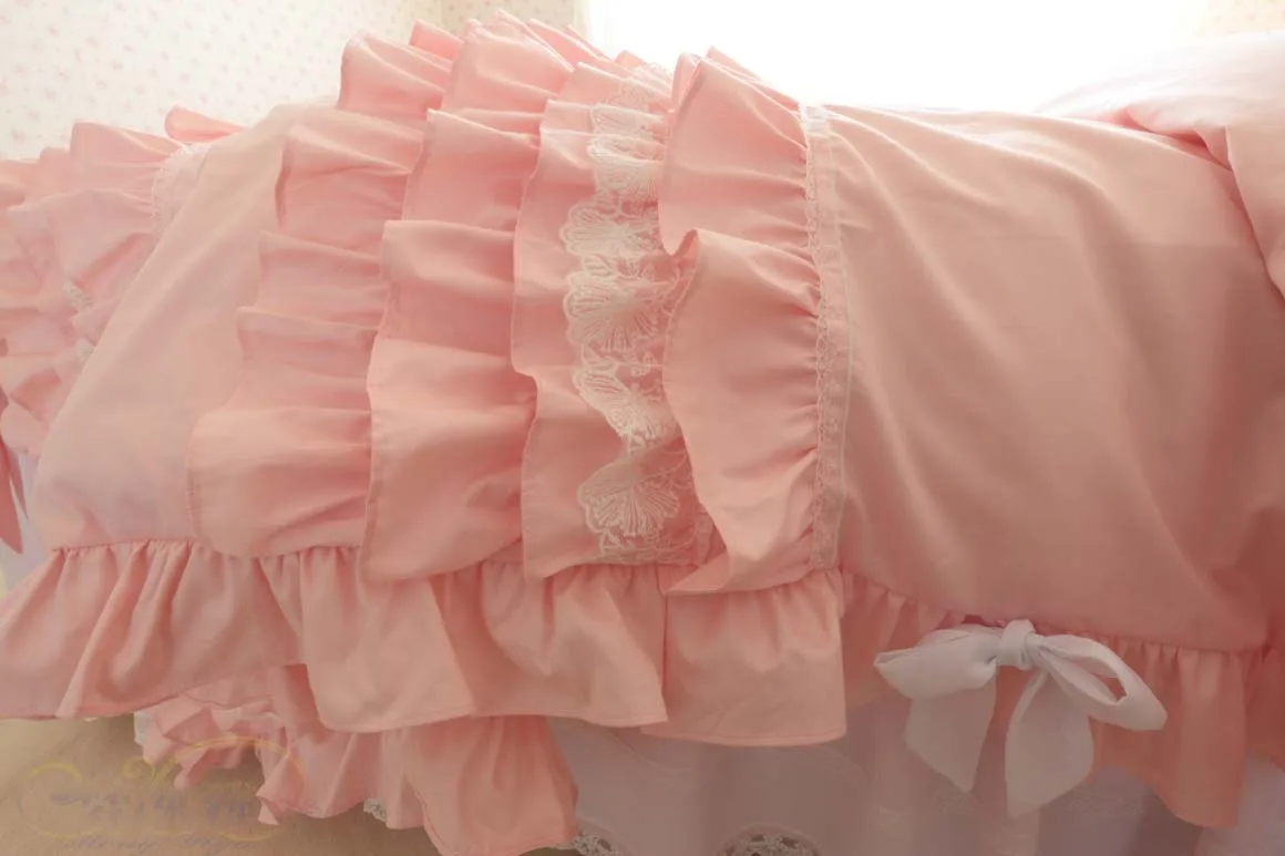 Комплект постельного белья розовый хлопок саржа Корейская принцесса оборки слой