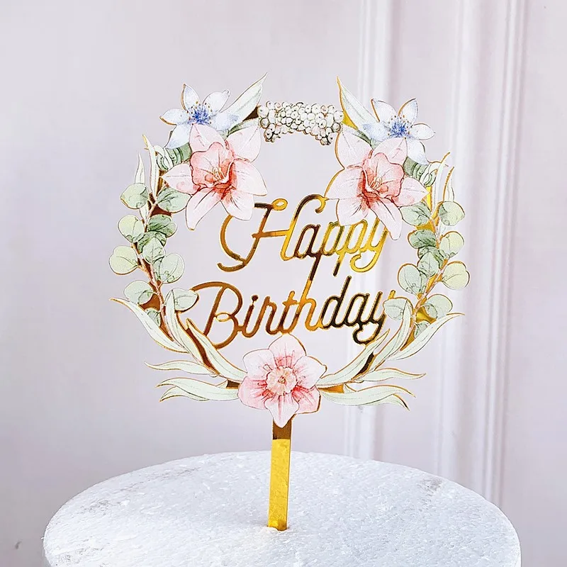 

New Creativity Happy Birthday Cake Topper Golden Flowers Birthday Acrylic Cake Toppers for Baby Shower Cakes Dessert Decoration