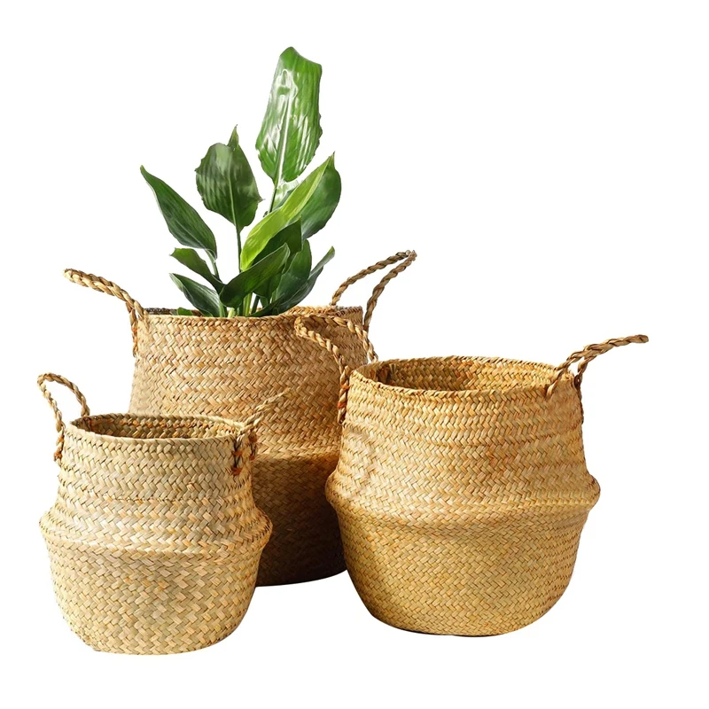 

Seagrass Plant Basket Set of 3,Woven Belly Basket with Handles, Large Storage Laundry Picnic Plant Pot Cover Home Decor