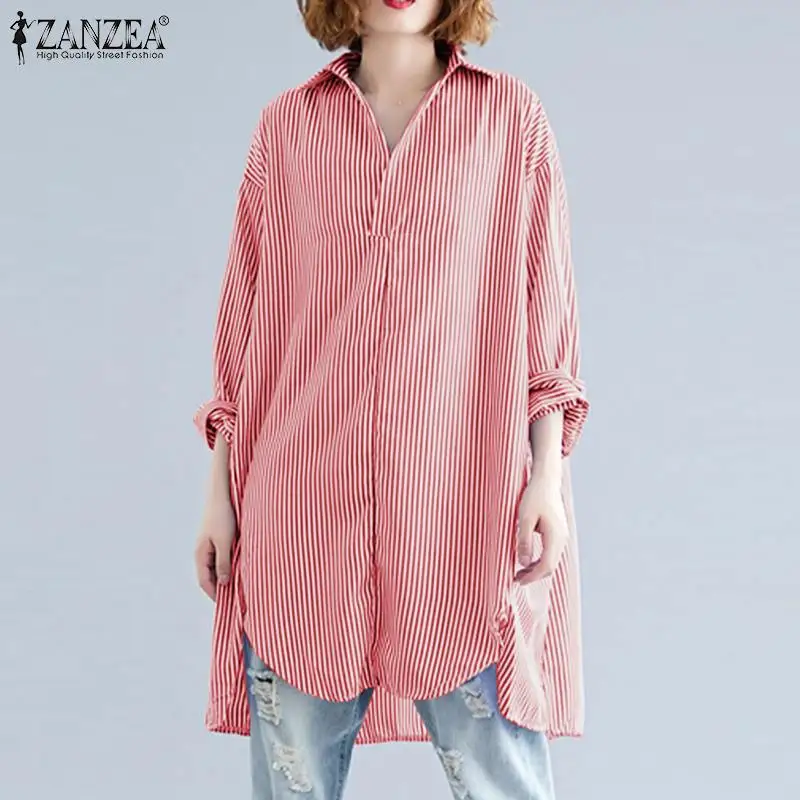 

Autumn Vintage Loose Chemise Oversized Striped Printed Shirt Women Casual Long Sleeve Lapel Blouse Fashion High Low Female Blusa