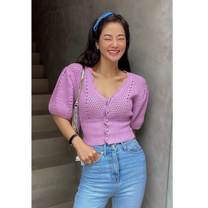 

2021 Spring/Summer Sweet V-neck Hollow Puff Sleeve Short Knitted Top Women Thin Ice Silk Casual Top