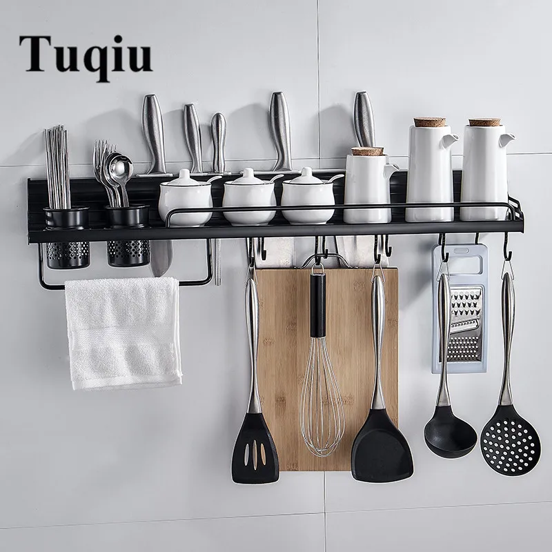 Tuqiu Полка для кухни 40 см/50 см/60 см, черная полка для хранения, держатель для бутылок с соусом, держатель для инструментов для специй, полка для ...