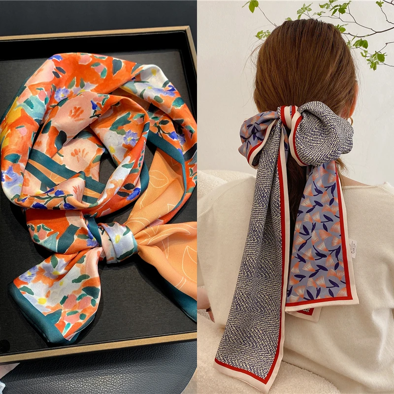 

Women Fashion Skinny Silk Scarf Hairband Design Print Wide Foulard Long Ribbon Neckerchief Bandana Handle Ties Accessories