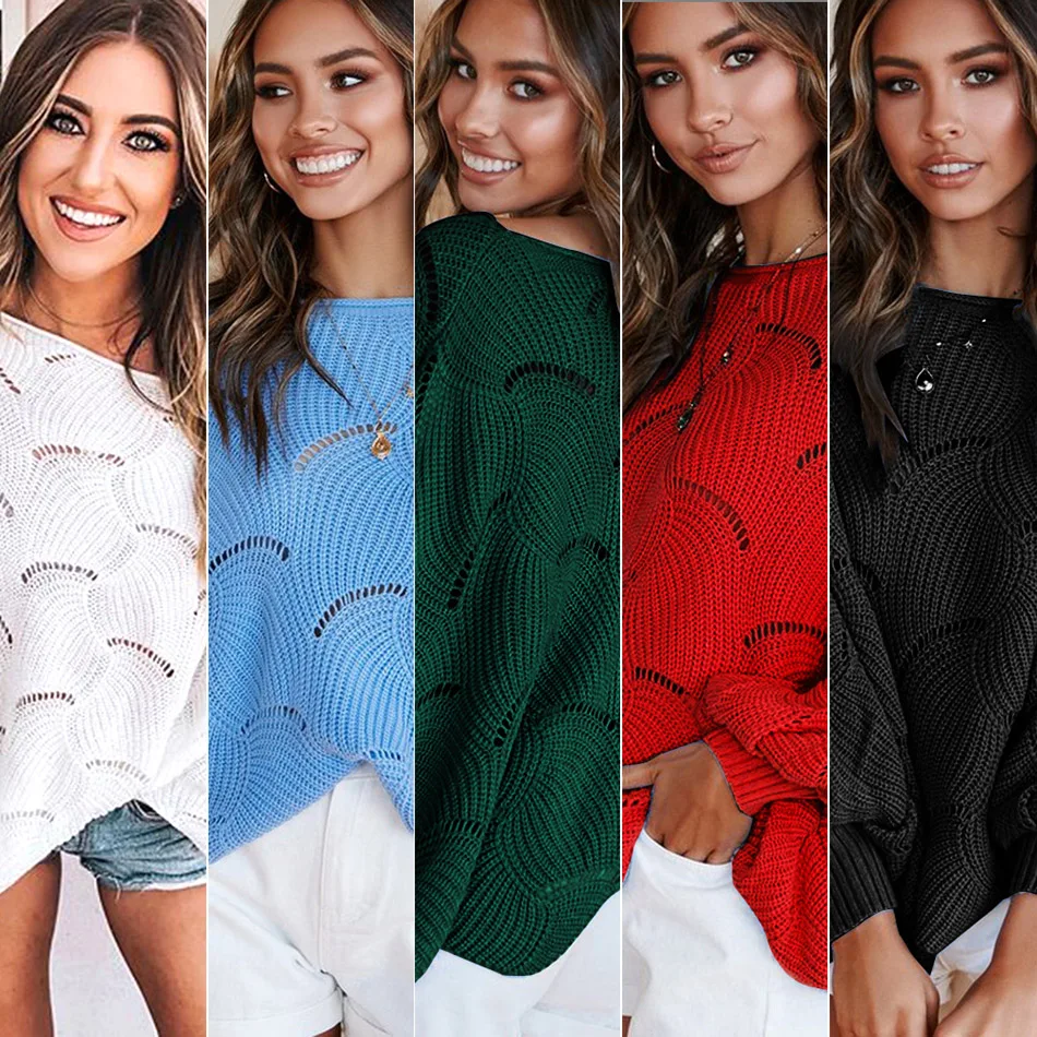 Повседневный однотонный свободный свитер для женщин сексуальный вязаный с