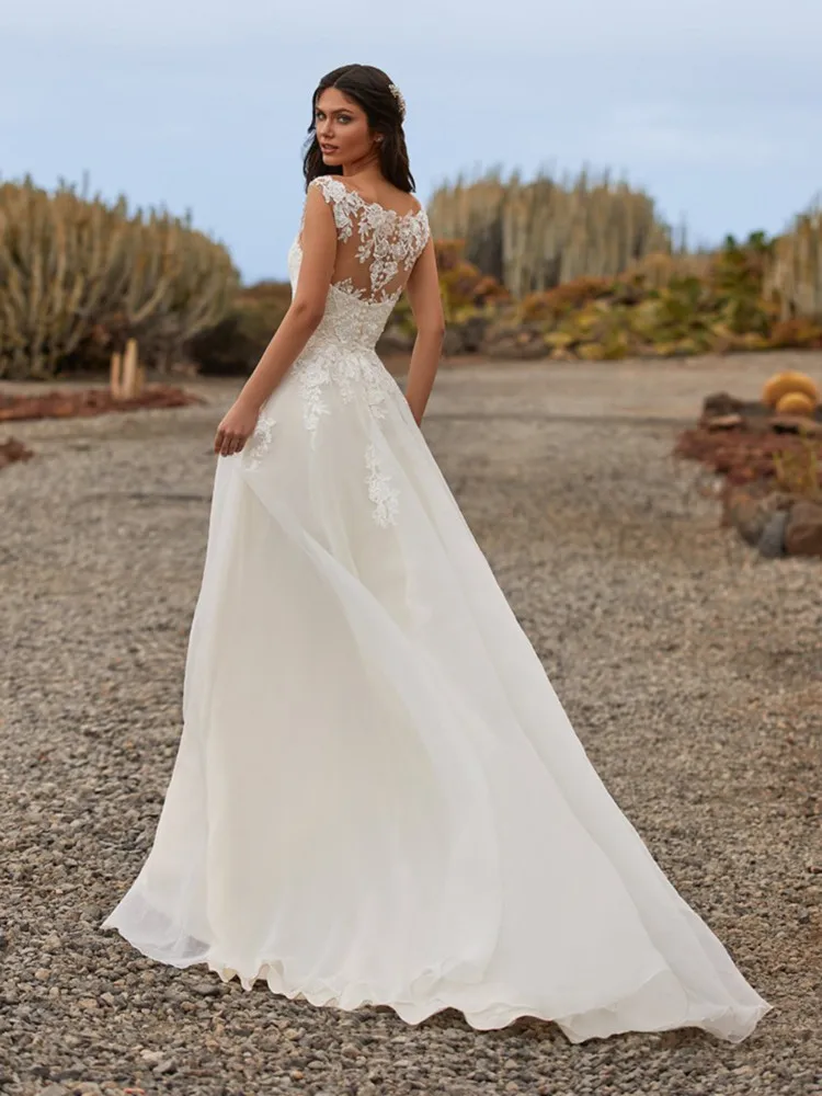 Bohemian Simple A Line Wedding Dresses 2021 V Neck Sleeveless Lace Applique Sweep Train For Women Weeding Gowns Sashes Custom | Свадьбы и