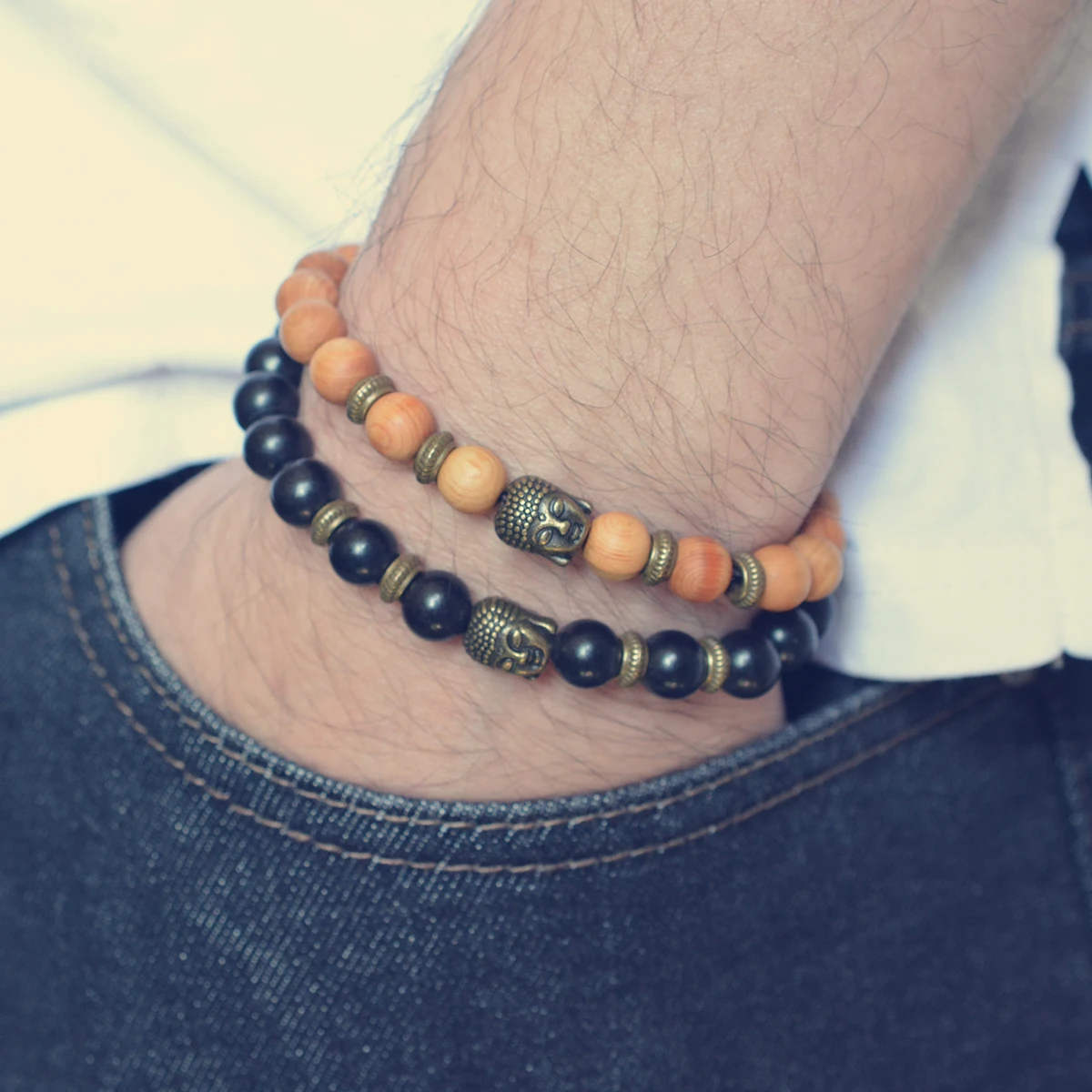 Ретро мужской браслет бусы из натурального дерева Будда растягивающиеся