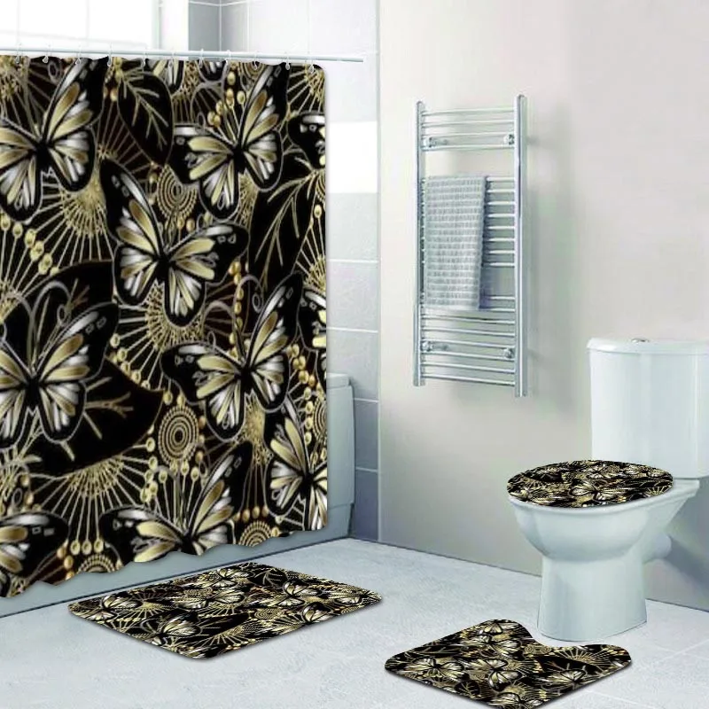 3D Золотой Флоральный Бароковый Дамасский Комплект Шторы для Душа с Крючками для Ванной Туалета Роскошный Коврик для Ванны Домашний Декор Подарки.
