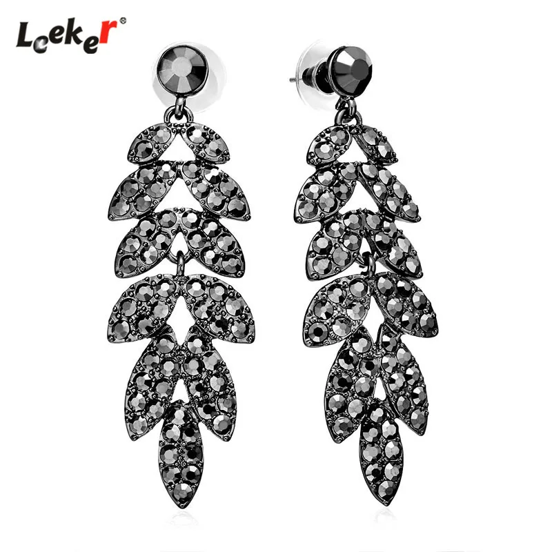 

LEEKER Black Silver Color Crystal Luxury Olive Leaf Long Earrings For Women Wedding Party Vintage Jewelry 173 LK6