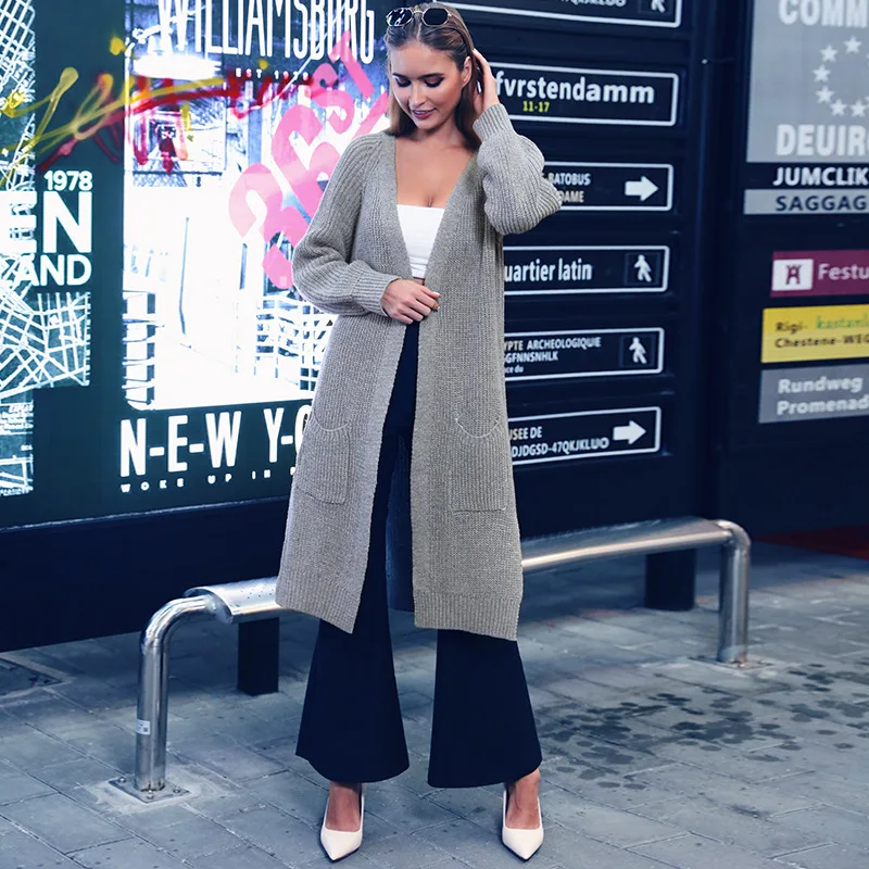 Осенне-зимний длинный женский кардиган вязанный с рукавом 2019 вязаный