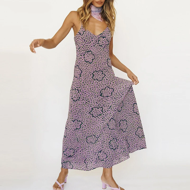 

2021 Floral Print Maxi Dress Boho Women Spaghetti Strap Beach Summer Purple Vintage Backless Elegant Casual Dresses Long