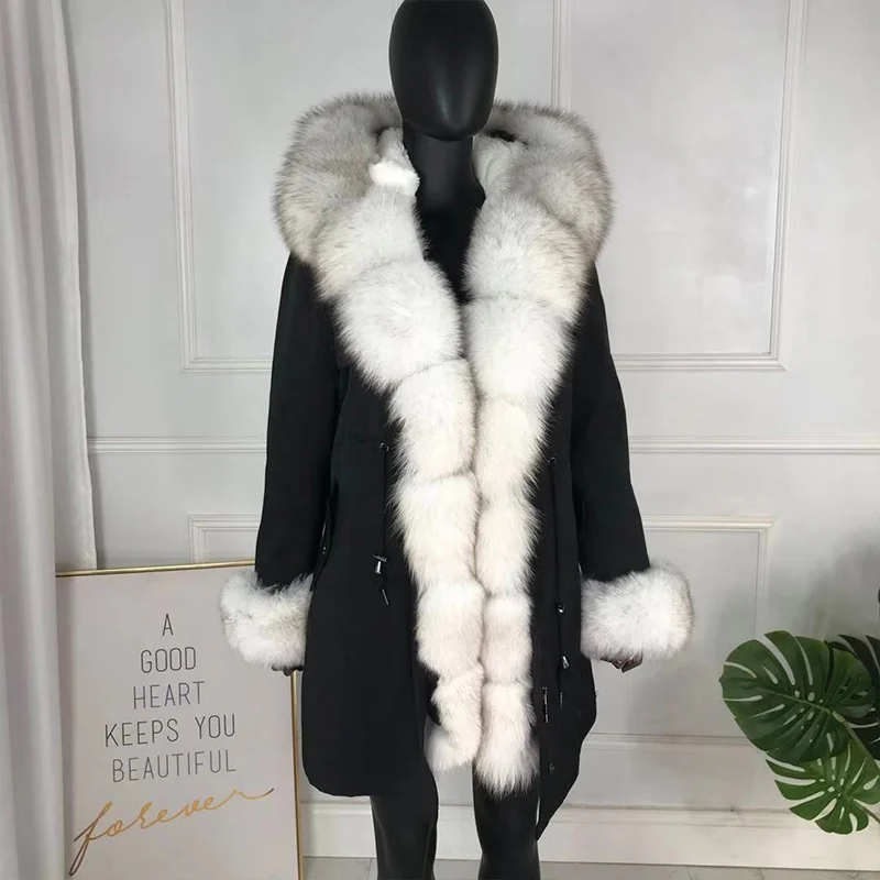 Новые чернобурки меховой парка пальто женские трикотажные silver fox меховой подкладке парки Черный зимой толстые Настоящее пальто с мехом теплые женские верхняя одежда - Цвет: 2