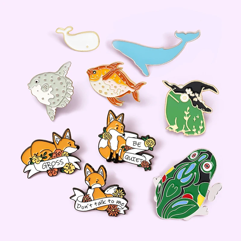 Броши в форме животных с мультипликационным принтом Лиса лягушка рыбы киты виде