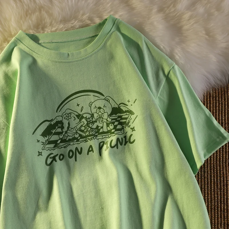 Футболка женская хлопковая с коротким рукавом винтажный свободный милый топ в