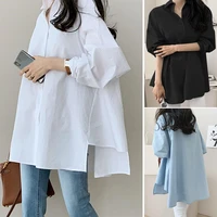 zanzea women blouse 2021 autumn white shirts fashion lapel long sleeve buttons asymmetrical tops baggy casual solid blusas