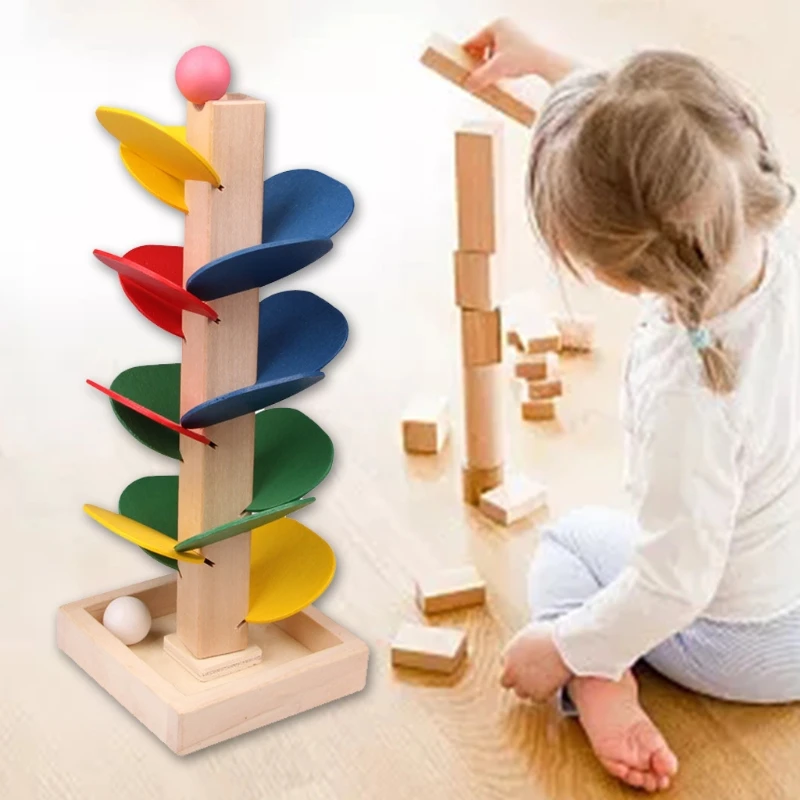 

1PC Baby Developmental Toy Colorful Wood Ball Run Track Blocks Preschool Building Blocks Tumble Tower Game Stacking Set
