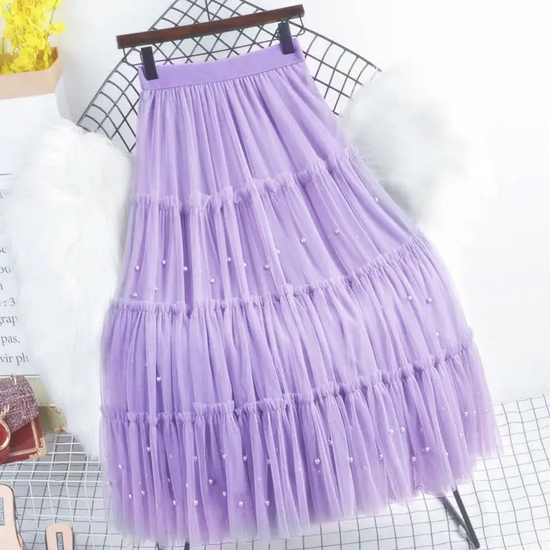 

Женская длинная Плиссированная юбка, юбка из фатина с высокой талией и бусинами, весна-лето 2021