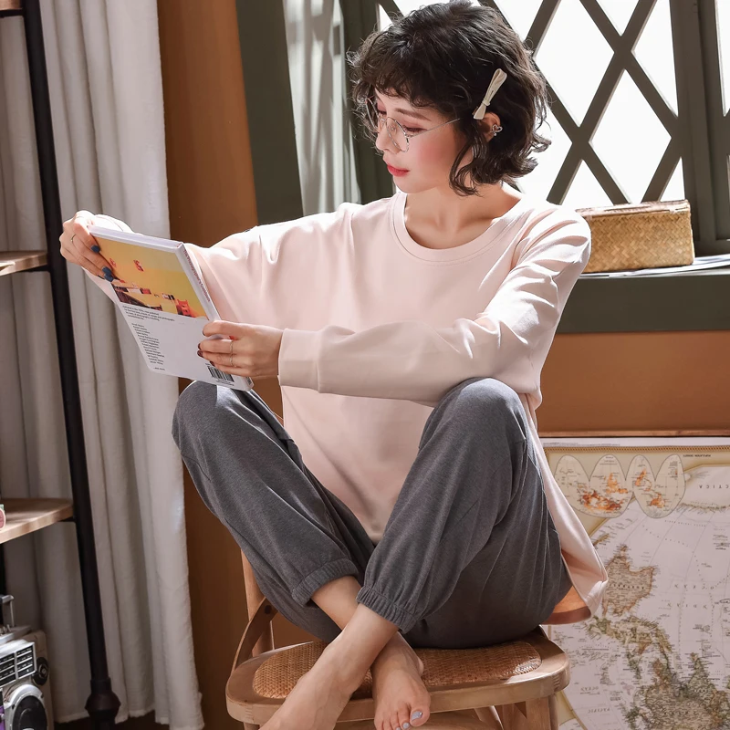 

New Autumn Women Pajamas Set Knitted Cotton Pijama Mujer Long Sleeve Round Neck Casual Soft Female Sleepwear Homewear Clothes