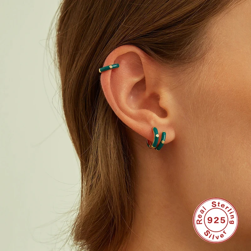

Trend 925 Silver Earrings Hoop Colorful Sterling 925 Plata Piercing Stud Ear Ring With Zircon Dripping Oil Craft Women Pendiente