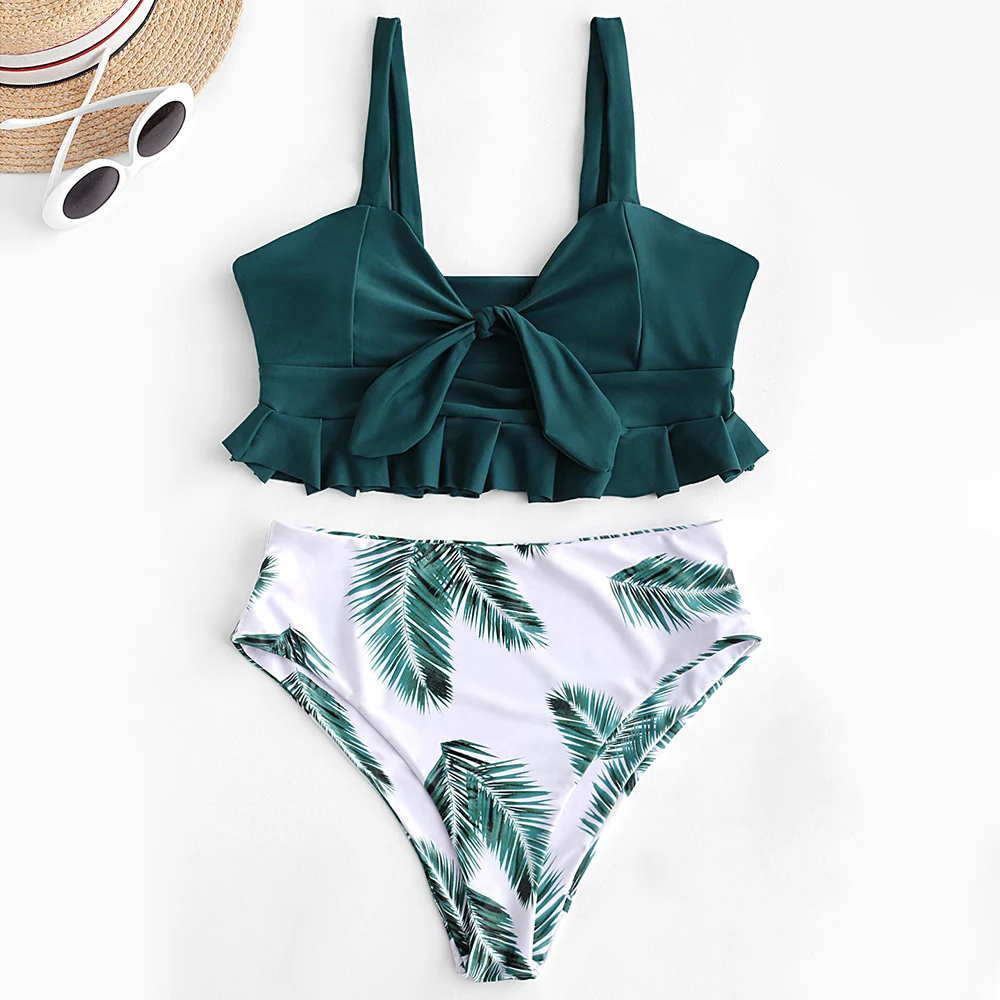 

ZAFUL Women Peacock Blue Ruffle Leaf Print Knot High Waisted Tankini Swimsuit Straps Bohemian Bathing Suits Ladies Summer