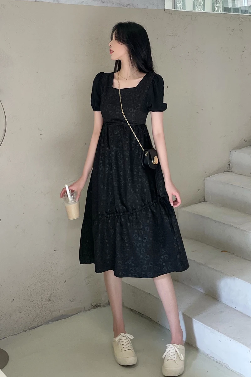 

COIGARSAM French Style Women Long dress Puff Sleeve Square Collar Dresses Black 37023