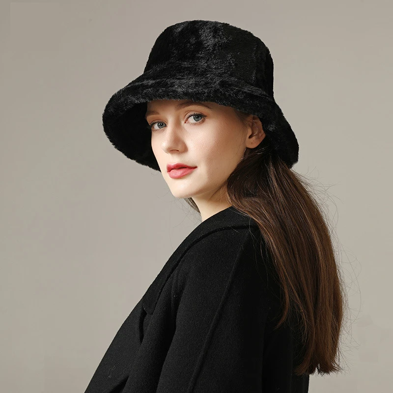Vintage Solid Color Bucket Hat Female Autumn and Winter Sweet and Lovely Plush Fashion Fisherman Hat Outdoor Warm Hat