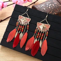vintage womens boho feather earrings tibetan jewelry brincos bijoux 2021 bohemia chainleaf beaded tassel drop earrings