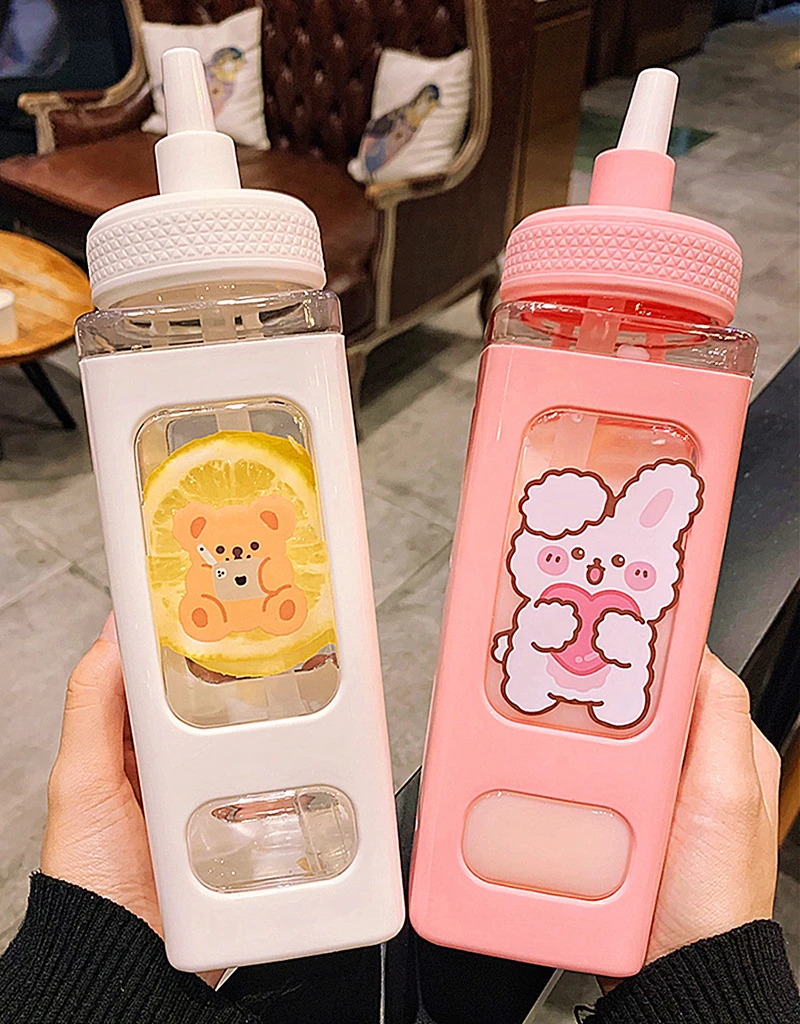 700ml Cute Water Bottles For Girls Children Kawaii Bear Plastic Travel Tea Juice Milk Portable Drink With Straw Stickers - купить по