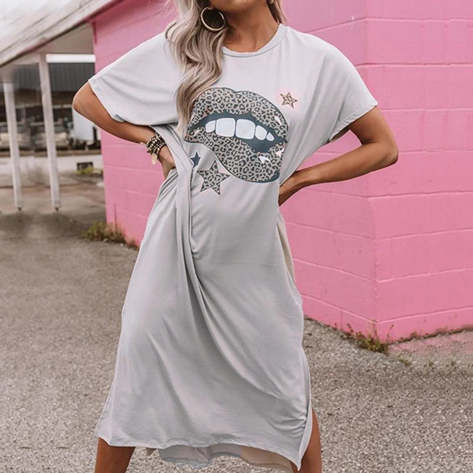 

Женское модное повседневное свободное платье с принтом губ, повседневное удобное платье с разрезом сбоку, короткое платье с круглым вырезо...