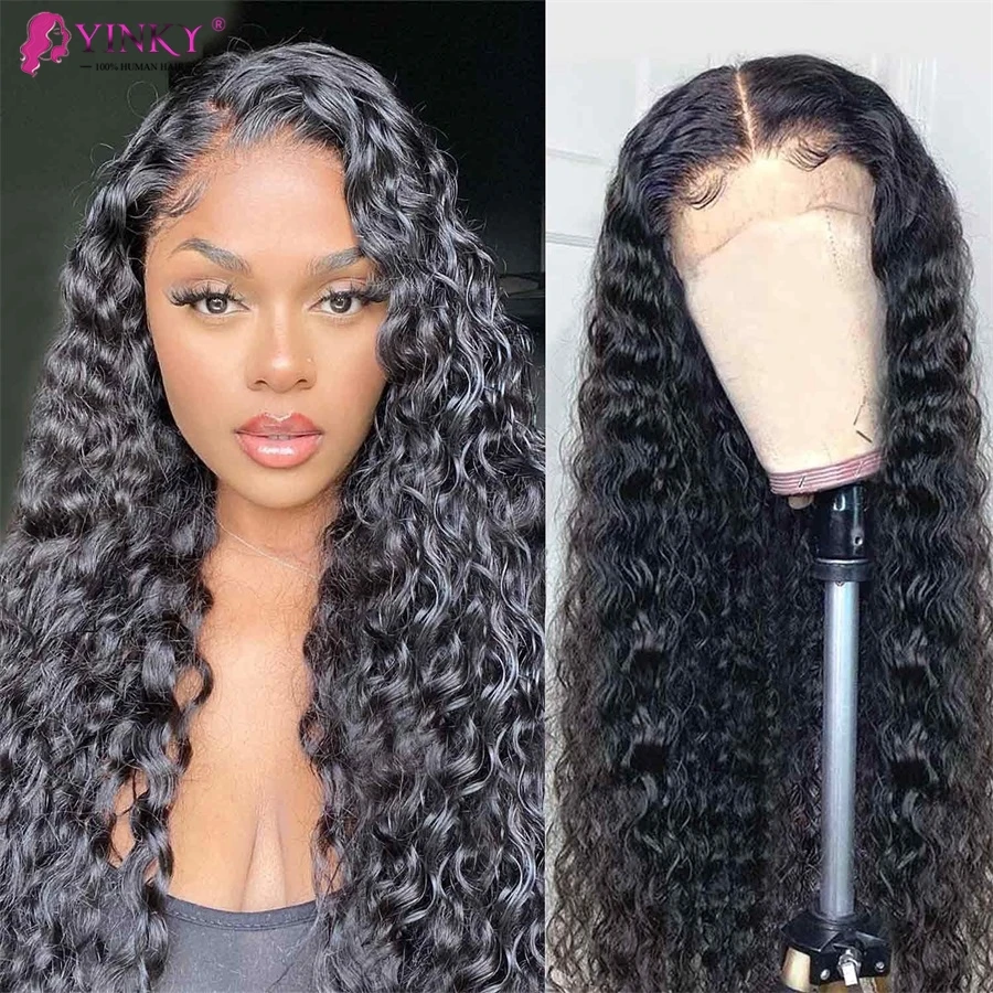 Water Wave 4x4 Lace Front Wigs Human Hair Pre Plucked 180 Density Brazilian Human Hair Wigs for Black Women with Natural Color