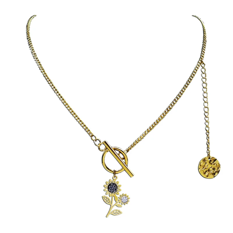 

Sunflower Stainless Steel Crystal Pendant Necklace Leaf Flower Gold Color Charm Choker Necklaces Jewelry colgantes mujer 4893S06