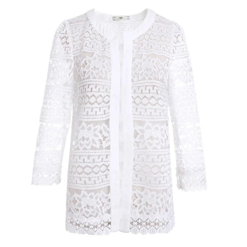 Женские топы летняя женская блузка blusa Новинка, большой размер, кардиган, черный, белый, вязаный крючком, Ультрамодная блузка с кружевными вставками, рубашка 3F