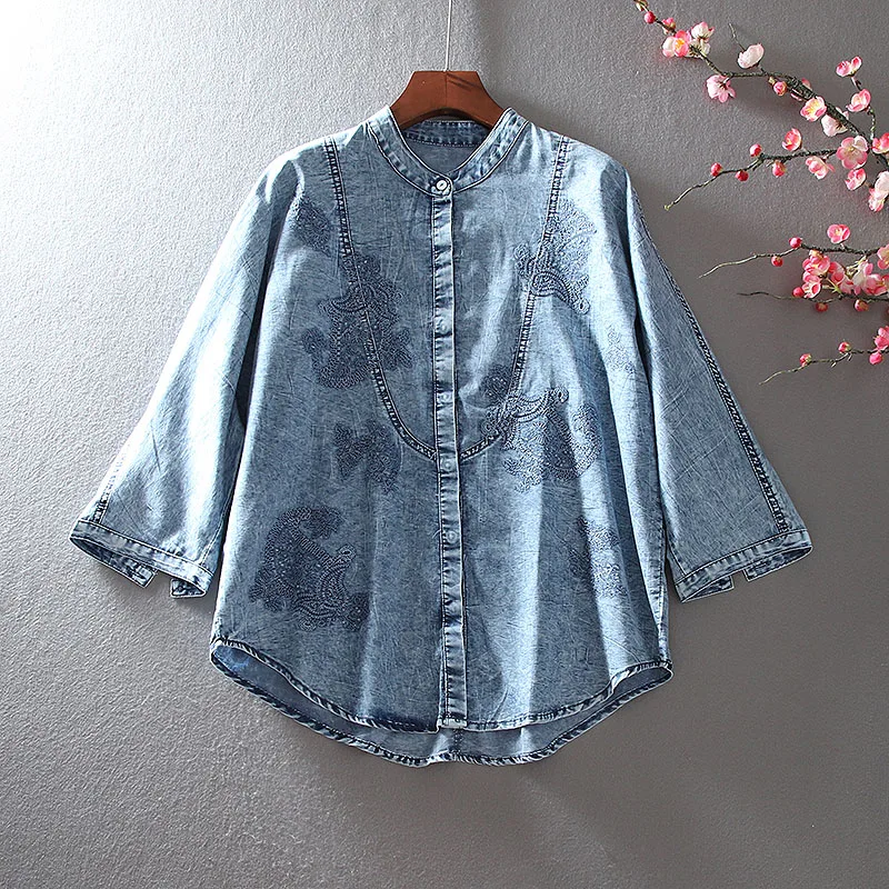 

2020 New European Style Fashion Blouse Stand Collar Autumn Tops Girls Three Quarter Sleeve Denim Shirt Women