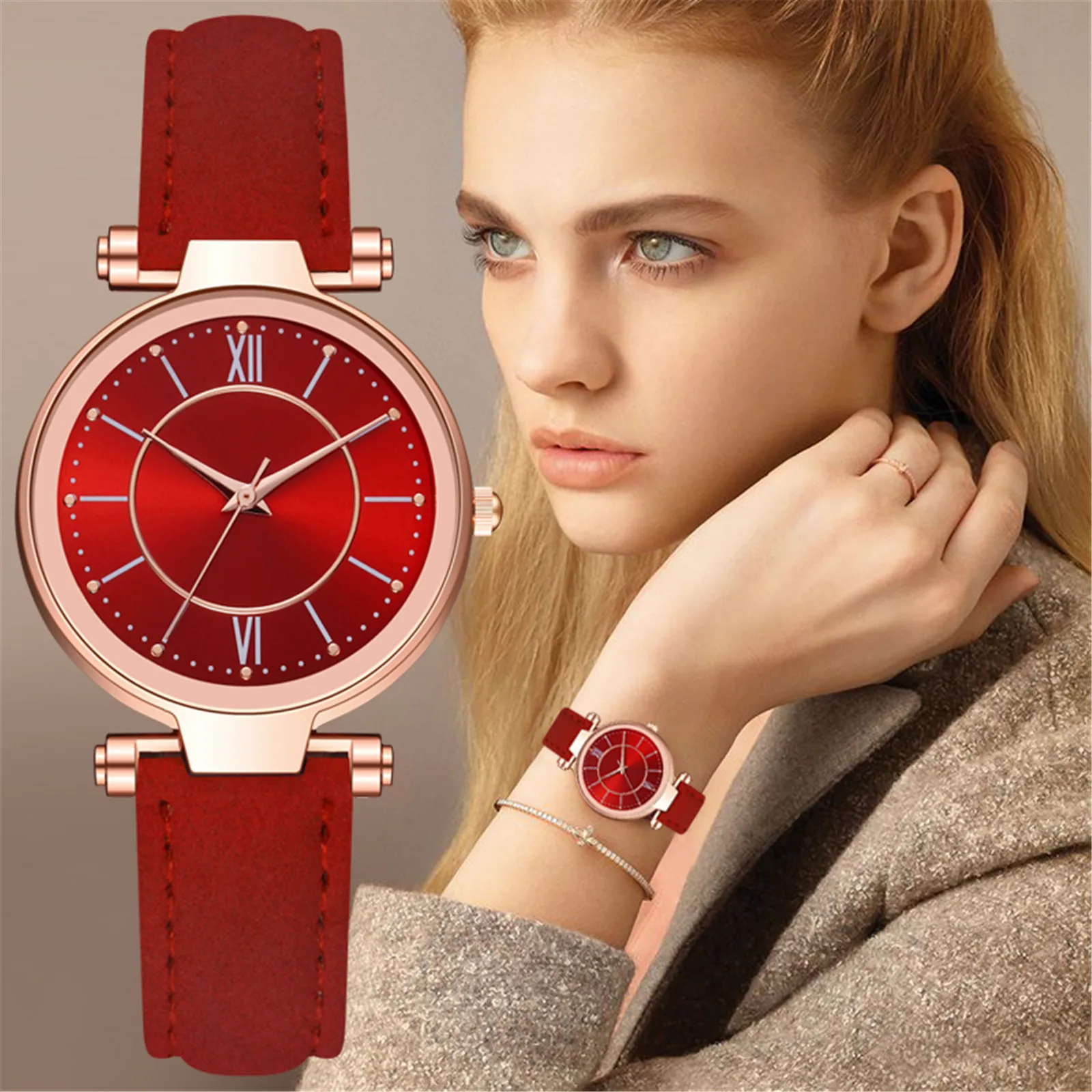 

2020 Ladies Hot Red Wrist Watch Leather Belt Retro Dial Watch Analog Quartz Casual Wristwatches For Woman Gift Relojes Mujer