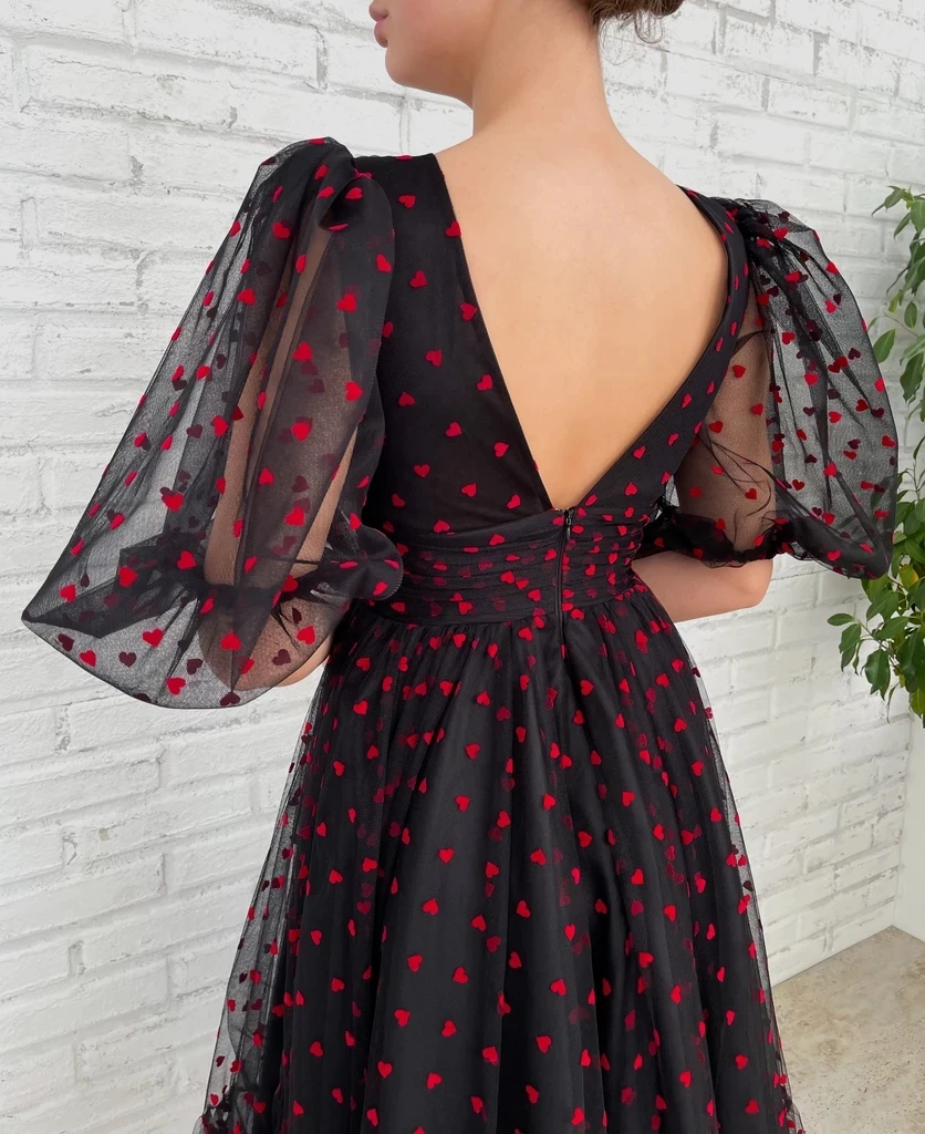 Черные марокканские Выпускные платья а-силуэта с рукавом до локтя тюлевые