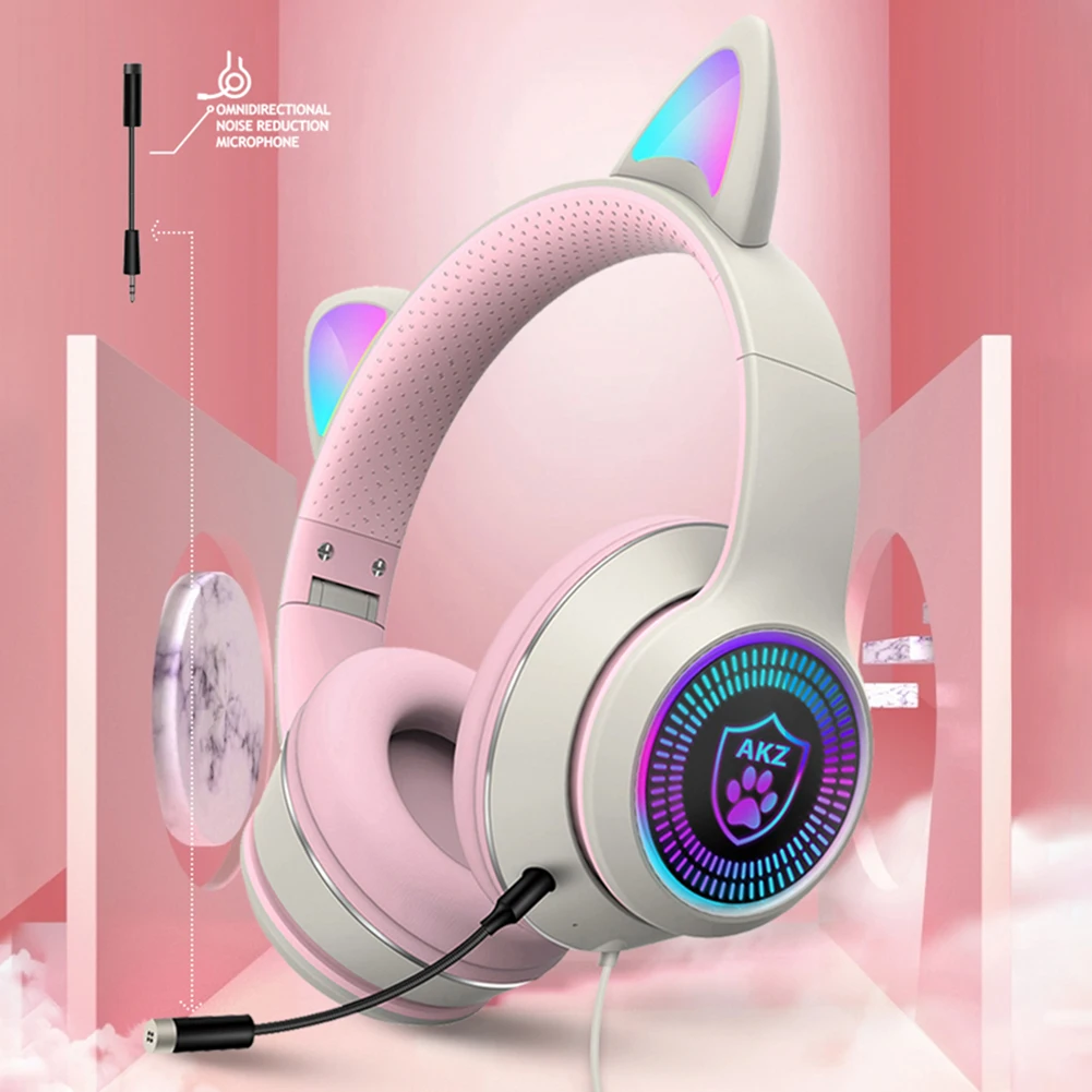 

RGB Gaming Stereo Headphones Cat Ear Foldable Headset USB Wired With Mic noise reduction Women Gift