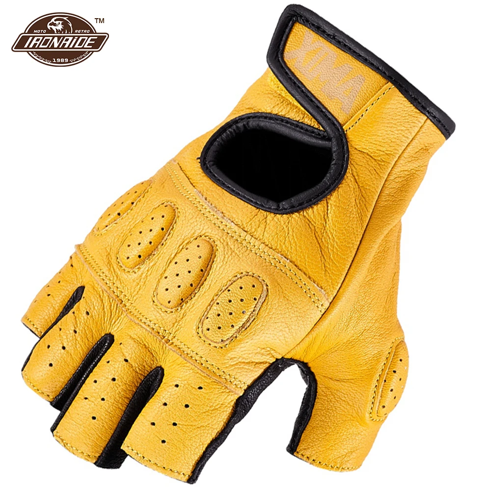 Yellow Motorcycle Gloves Sheepskin Fingerless Gloves Summer Guantes Moto Wearable Motocross Glove Moto Motobiker Riding Guantes
