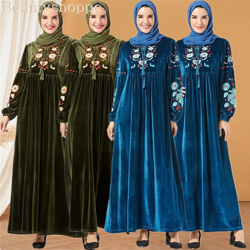 Новое зимнее бархатное длинное платье макси элегантное мусульманское с золотым