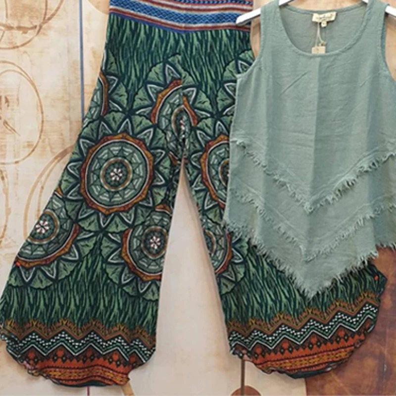 

Женский хлопковый комплект в ретро-стиле, комплект из двух предметов, топ с круглым вырезом и бахромой, необычная юбка-шаровары с круглым вы...