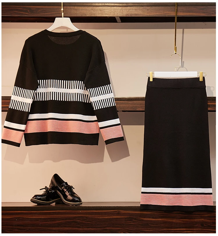 Вязанный полосатый джемпер с длинным рукавом размера плюс свитера топы +