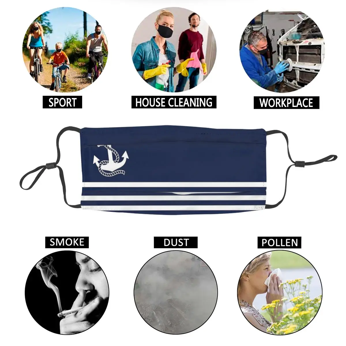 Маска для лица с морскими синими полосками и белым АНКЕРОМ многоразовая маска